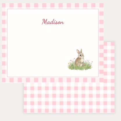 Personalized note card with a bunny rabbit illustration on a pink gingham border and back on premium cardstock