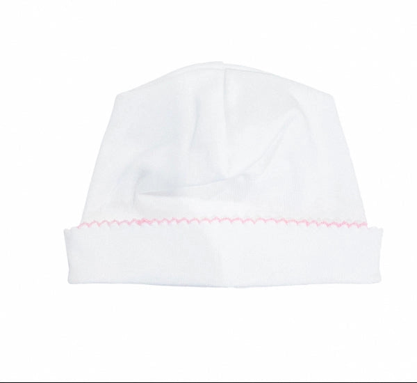 A white baby hat with a folded cuff featuring delicate pink picot trim