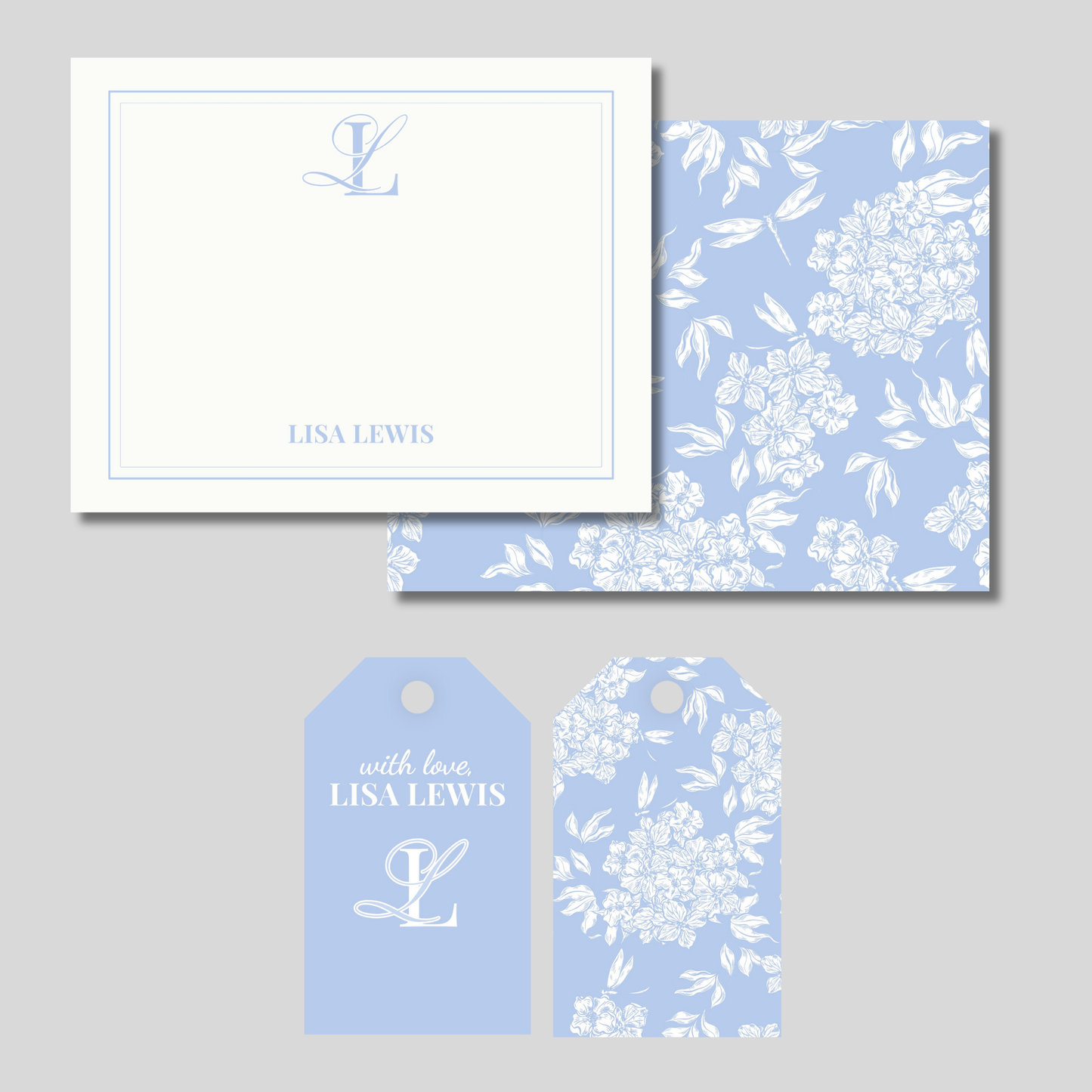 Stationery set with floral design and name including note cards and gift tags