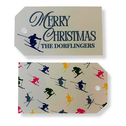 Merry Christmas holiday gift tags with personalized name and skier design 