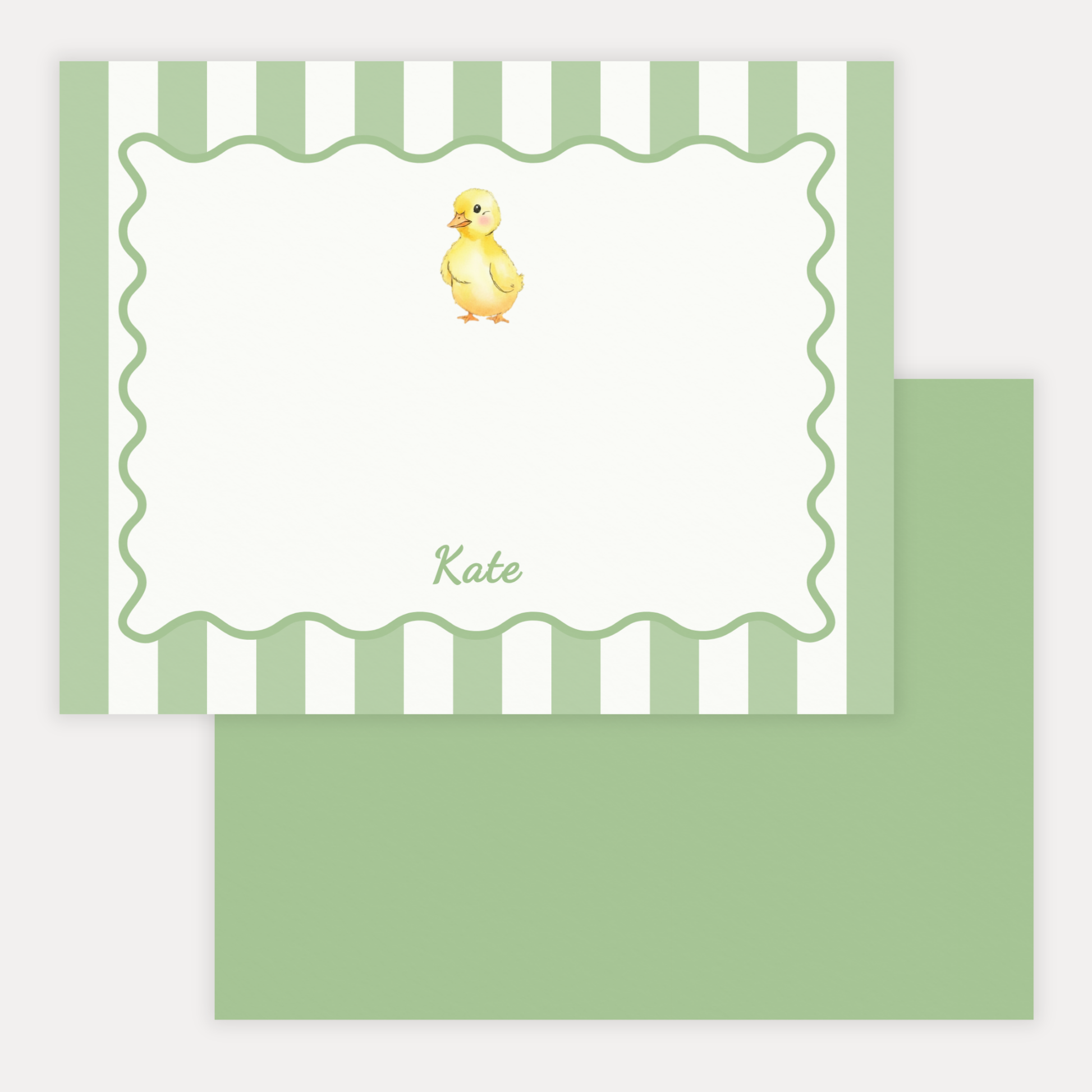 Note card with a duck illustration and striped scallop border and matching green back, on high quality cardstock