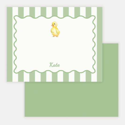 Note card with a duck illustration and striped scallop border and matching green back, on high quality cardstock