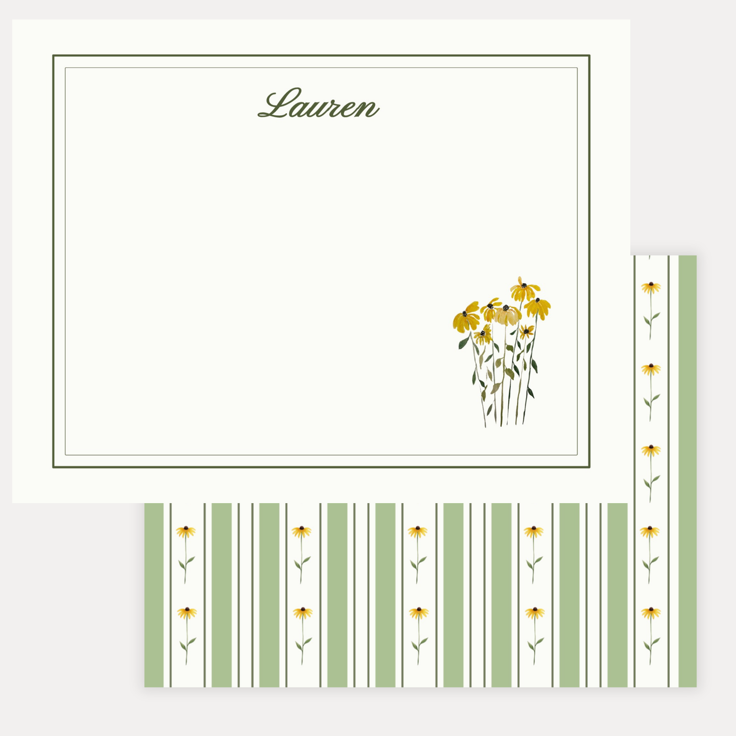 A2 note cards on premium 120 lb eggshell cardstock with personalized name in elegant script and hand-painted watercolor flowers with a double-border frame and floral design and striped pattern back design professionally printed for a beautiful, high-quality finish