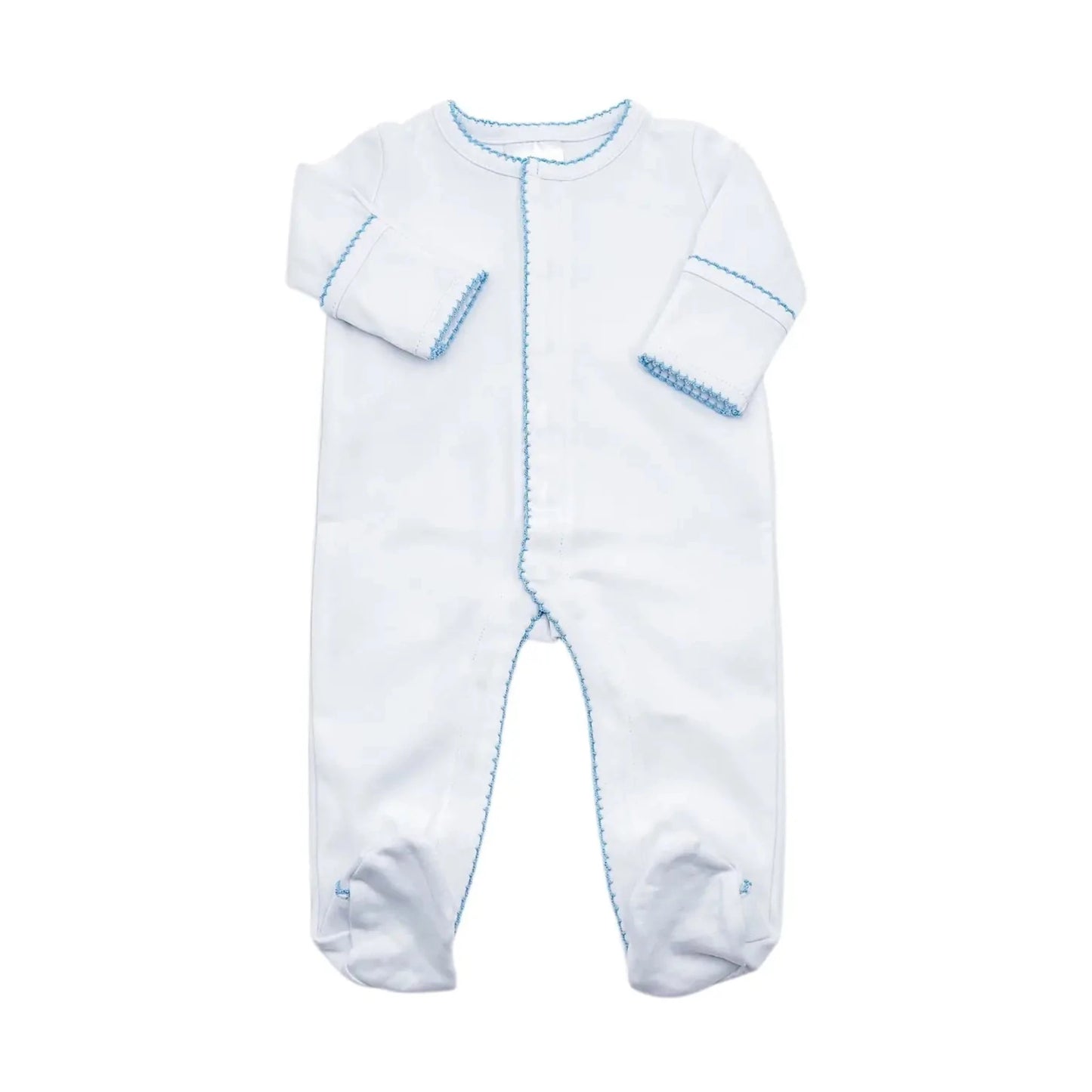 White Newborn Onesie with Delicate Blue Picot Trim