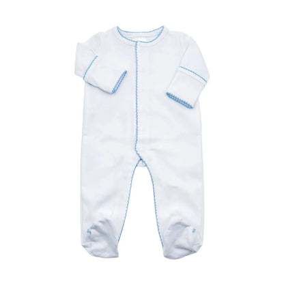 White Newborn Onesie with Delicate Blue Picot Trim