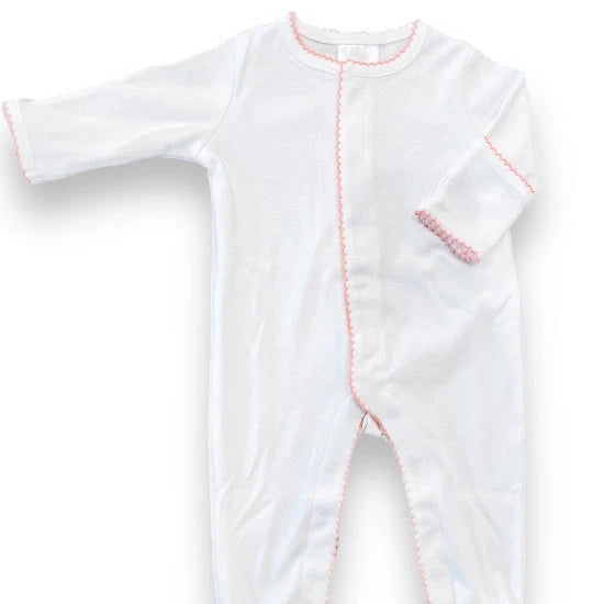 White baby onesie with pink trim, 100 percent organic cotton