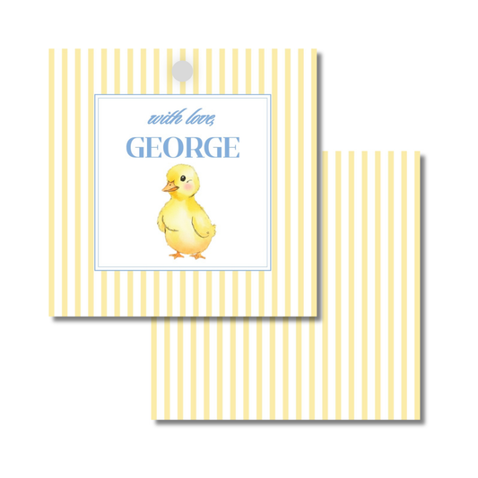A square gift tag with pale yellow and white vertical stripes, featuring a yellow duckling illustration and a matching back