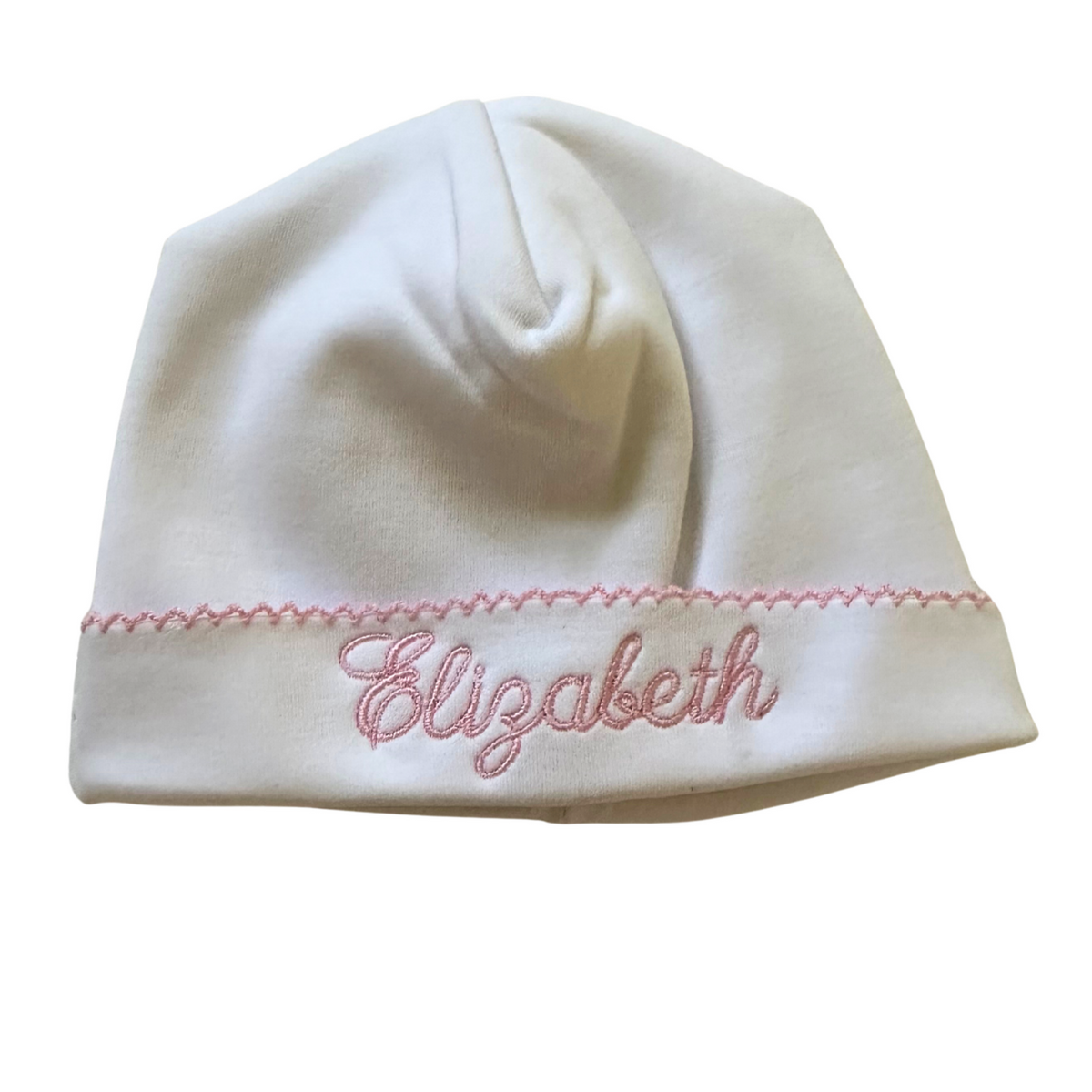 newborn hat with picot trim and baby's name