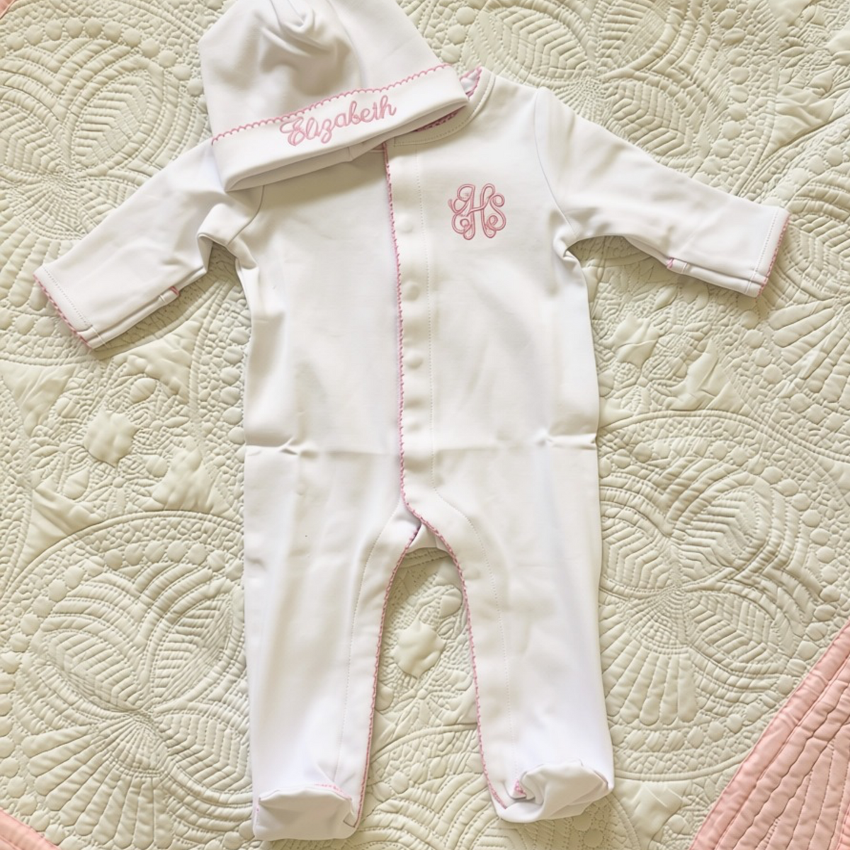 newborn onesie with picot trim and monogram