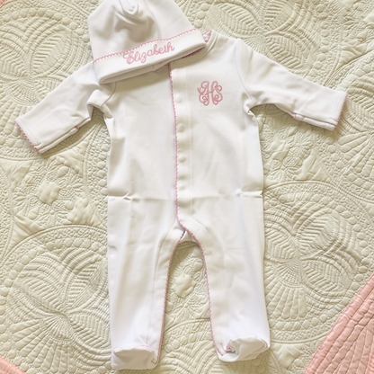 newborn onesie with picot trim and monogram