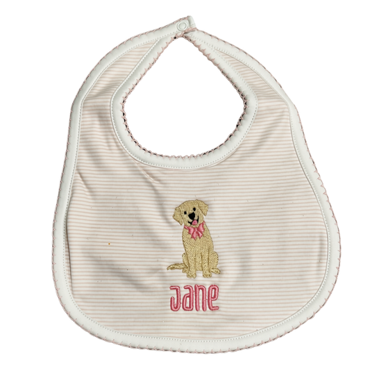 striped pink dog embroidered baby bib with personalized name