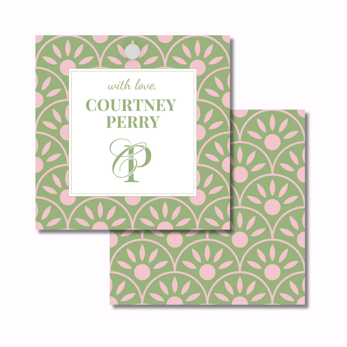 Two square personalized cards with a green and pink floral pattern