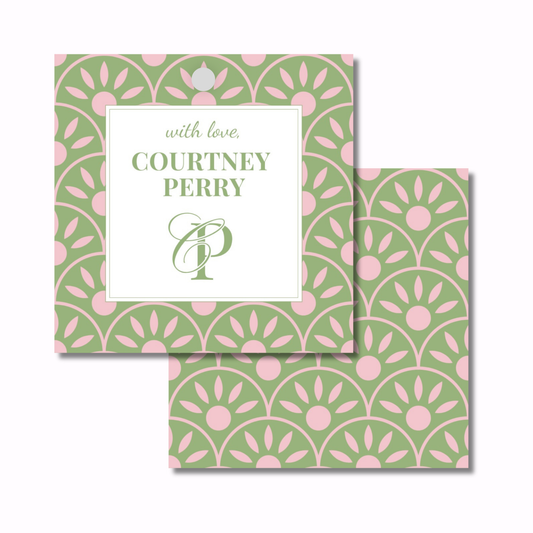 Two square personalized cards with a green and pink floral pattern