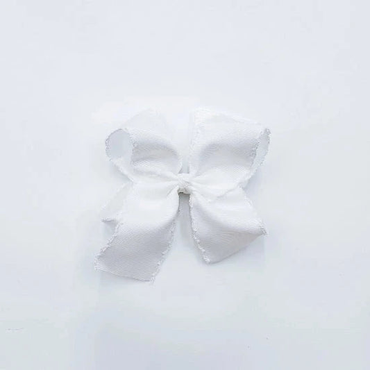 white fabric hair bow with white trim