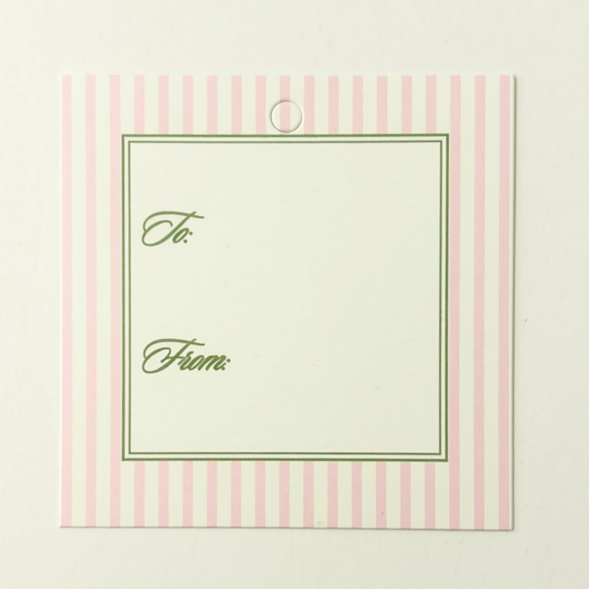 A square gift tag with a pink and white striped border, featuring a cream center panel with green double-line framing and the words 'To:' and 'From:' in green script.