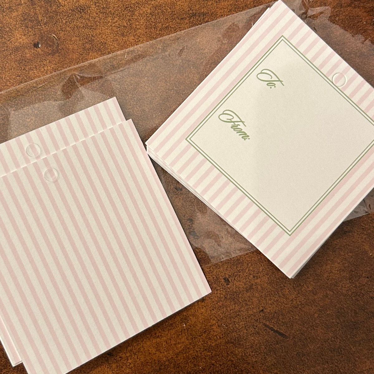 Square gift tags with pale pink and white vertical stripes, with to and from for gift wrapping presents, perfect for baby girl gifts