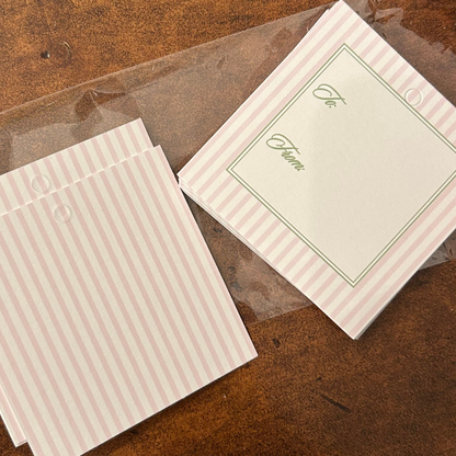 Square gift tags with pale pink and white vertical stripes, with to and from for gift wrapping presents, perfect for baby girl gifts