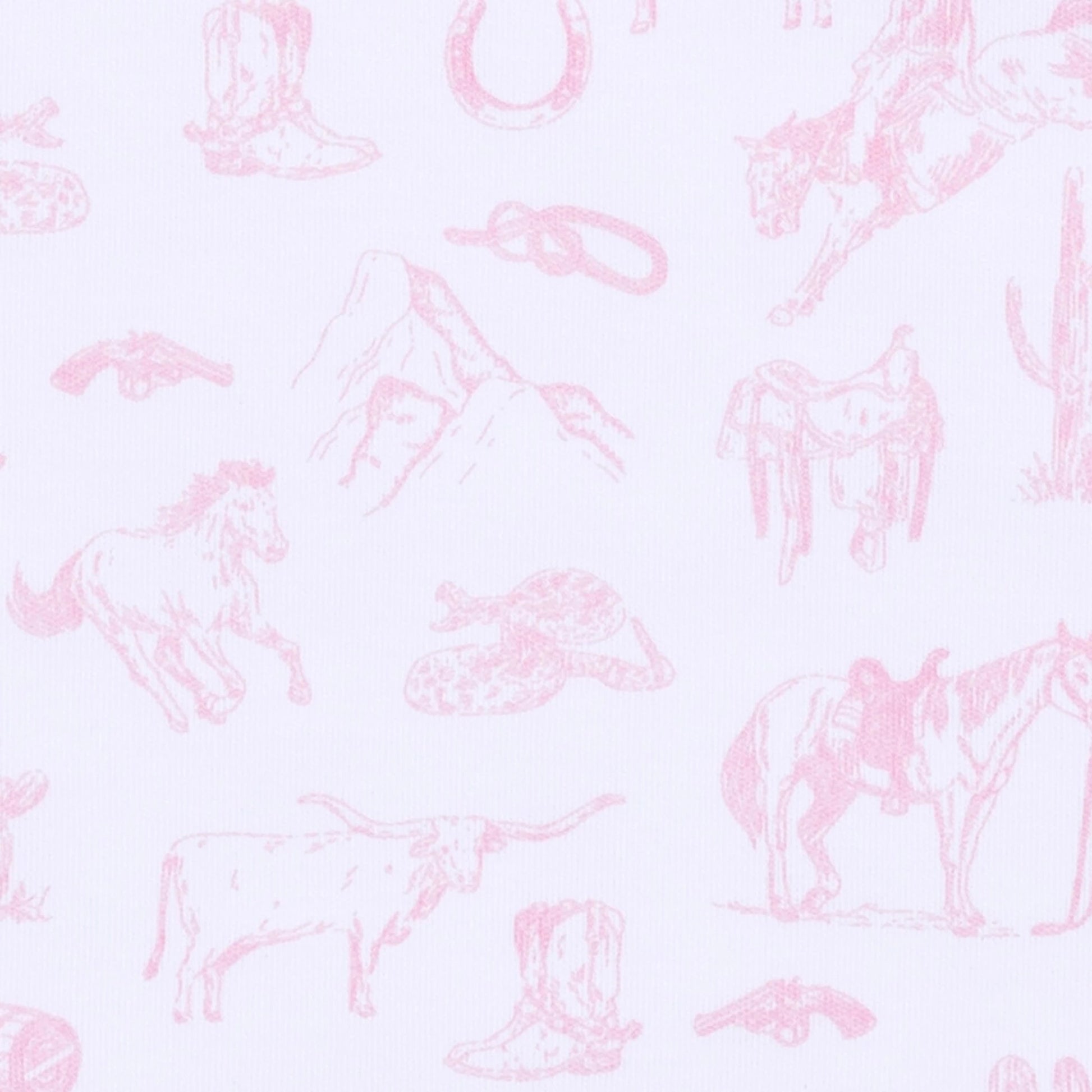 A close-up of a white fabric with a light pink western-themed toile pattern featuring horses, boots, hats, mountains, and a cowboy rifle.