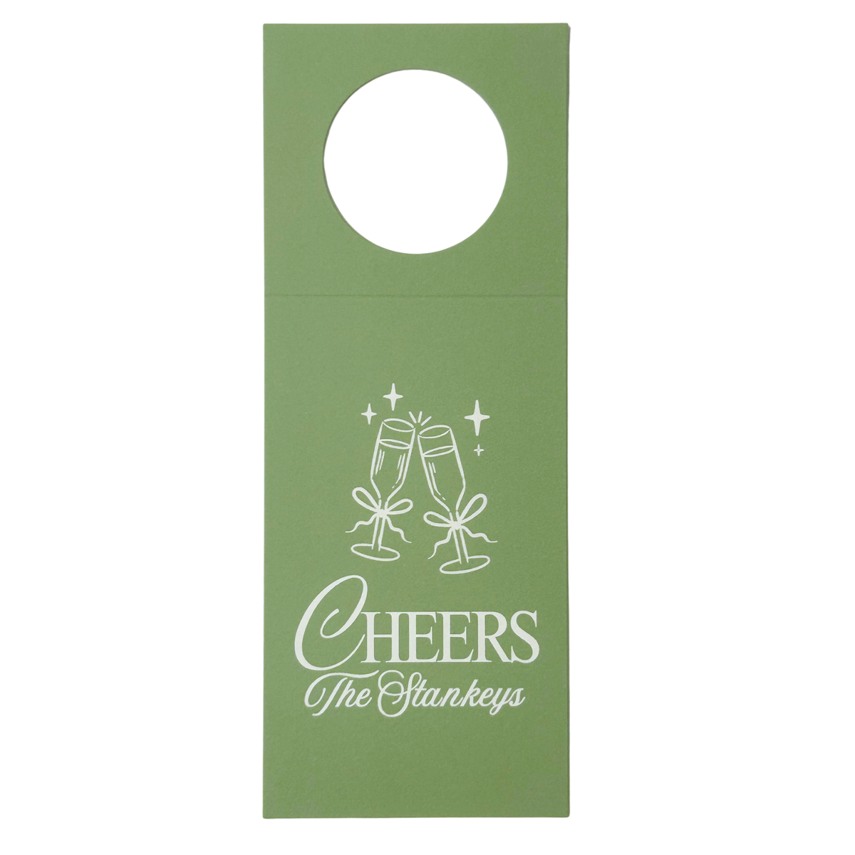 Personalized green wine gift tag with "cheers" and your family name 